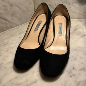 Prada Black Suede Pumps with Rose Gold Heel in size 37 1/2